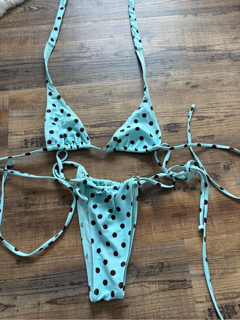Aqua Polka Dot Triangle String Bikini Set - Black Dot